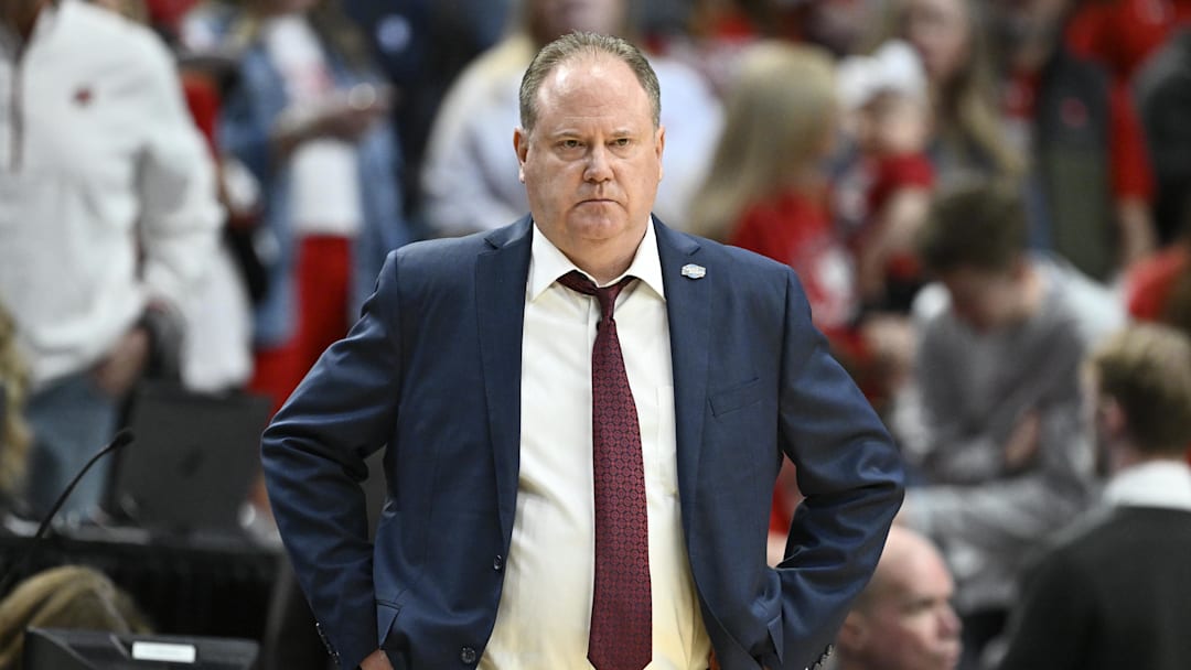 Mar 19, 2026; Portland, OR, USA; Wisconsin Badgers head coach Greg Gard reacts during the second half of a first round game of the men's 2026 NCAA Tournament against the High Point Panthers at Moda Center. Mandatory Credit: Craig Strobeck-Imagn Images