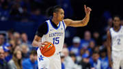Nov 7, 2025; Lexington, Kentucky, USA; Kentucky Wildcats guard Jaland Lowe (15) handles the ball during the first half against the Valparaiso Beacons at Rupp Arena at Central Bank Center. Mandatory Credit: Jordan Prather-Imagn Images