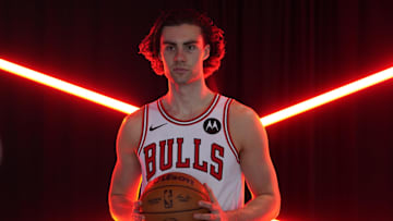 Sep 29, 2025; Chicago, IL, USA; Chicago Bulls guard Josh Giddey (3) poses for photos during Chicago Bulls Media Day. Mandatory Credit: David Banks-Imagn Images