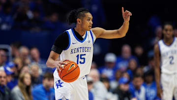 Nov 7, 2025; Lexington, Kentucky, USA; Kentucky Wildcats guard Jaland Lowe (15) handles the ball during the first half against the Valparaiso Beacons at Rupp Arena at Central Bank Center. Mandatory Credit: Jordan Prather-Imagn Images