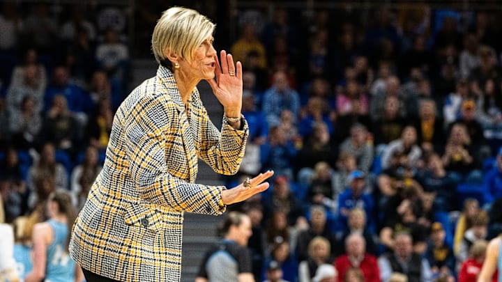 Iowa head coach Jan Jensen calls to players during the Drake vs. Iowa basketball game at Knapp Center on Sunday, Nov. 17, 2024, in Des Moines.