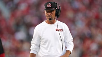 Aug 18, 2024; Santa Clara, California, USA; San Francisco 49ers head coach Kyle Shanahan walks down the sideline during action against the New Orleans Saints in the third quarter at Levi's Stadium.