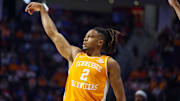 Mar 5, 2025; Oxford, Mississippi, USA; Tennessee Volunteers guard Chaz Lanier (2) looks on after a three-point shot against the Mississippi Rebels during the first half at The Sandy and John Black Pavilion at Ole Miss. Mandatory Credit: Wesley Hale-Imagn Images
