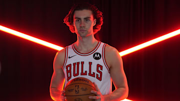 Sep 29, 2025; Chicago, IL, USA; Chicago Bulls guard Josh Giddey (3) poses for photos during Chicago Bulls Media Day. Mandatory Credit: David Banks-Imagn Images