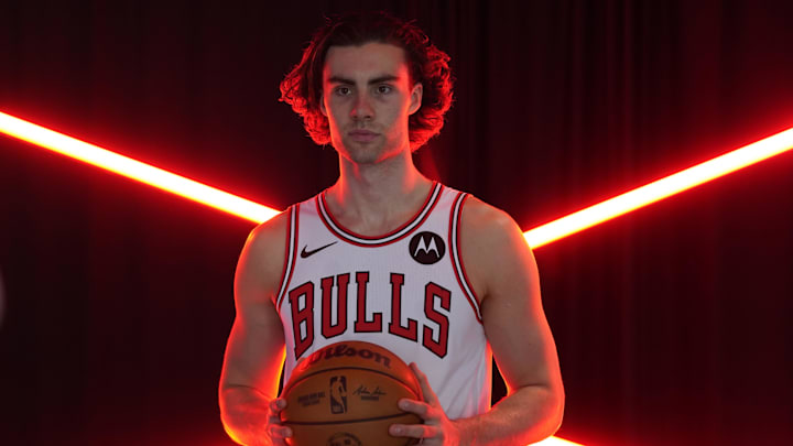 Sep 29, 2025; Chicago, IL, USA; Chicago Bulls guard Josh Giddey (3) poses for photos during Chicago Bulls Media Day. Mandatory Credit: David Banks-Imagn Images