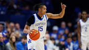 Nov 7, 2025; Lexington, Kentucky, USA; Kentucky Wildcats guard Jaland Lowe (15) handles the ball during the first half against the Valparaiso Beacons at Rupp Arena at Central Bank Center. Mandatory Credit: Jordan Prather-Imagn Images