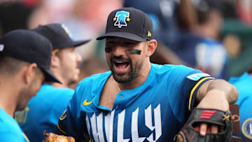 Jun 20, 2025; Philadelphia, Pennsylvania, USA; Philadelphia Phillies outfielder Nick Castellanos (8) reacts before the game against the New York Mets at Citizens Bank Park.