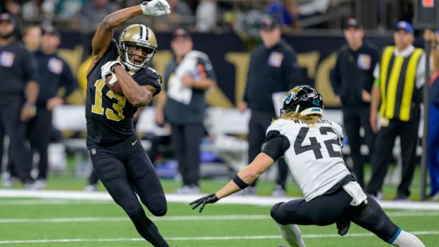 New Orleans Saints wide receiver Michael Thomas (13) after a reception against the Jacksonville Jaguars 