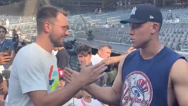 Lakers star Luka Doncic (left) and Yankees slugger Aaron Judge (right) met for the first time at Yankee Stadium.