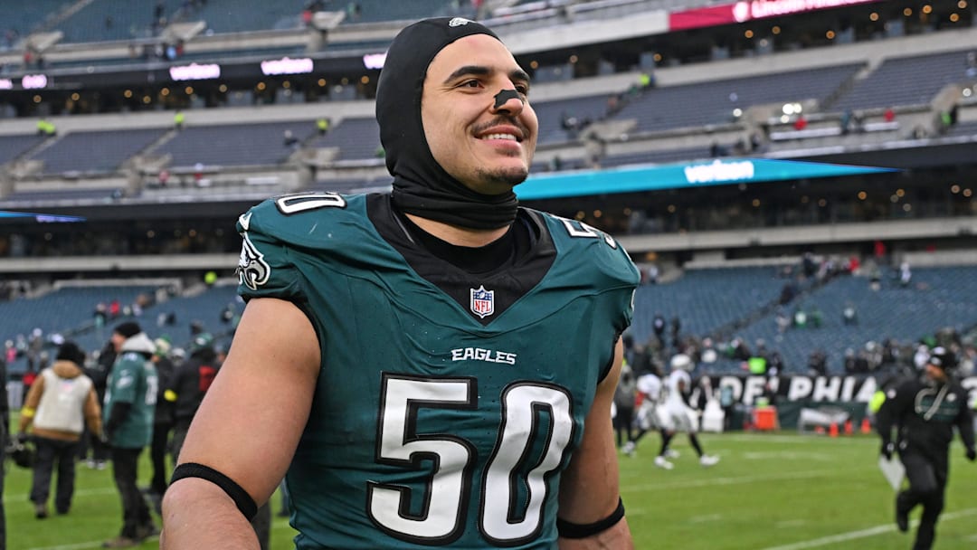 Dec 14, 2025; Philadelphia, Pennsylvania, USA; Philadelphia Eagles linebacker Jaelan Phillips (50) walks off the field after win against the Las Vegas Raiders at Lincoln Financial Field. Mandatory Credit: Eric Hartline-Imagn Images Dec 14, 2025; Philadelphia, Pennsylvania, USA; Philadelphia Eagles linebacker Jaelan Phillips (50) walks off the field after win against the Las Vegas Raiders at Lincoln Financial Field. Mandatory Credit: Eric Hartline-Imagn Images