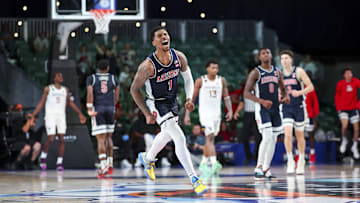 Nov 29, 2024; Paradise Island, Bahamas, BHS;  Arizona Wildcats guard Caleb Love (1) reacts after scoring during the second half against the West Virginia Mountaineers at Imperial Arena at the Atlantis resort.  Mandatory Credit: Kevin Jairaj-Imagn Images