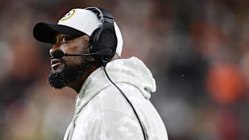 Nov 21, 2024; Cleveland, Ohio, USA; Pittsburgh Steelers head coach Mike Tomlin looks on during the first half against the Cleveland Browns at Huntington Bank Field. Mandatory Credit: Ken Blaze-Imagn Images