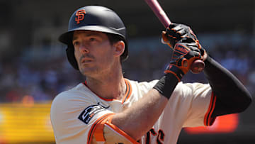 Jul 12, 2025; San Francisco, California, USA; San Francisco Giants right fielder Mike Yastrzemski (5) prepares to bat against the Los Angeles Dodgers during the fifth inning at Oracle Park. Mandatory Credit: Darren Yamashita-Imagn Images