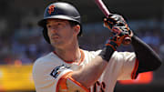 Jul 12, 2025; San Francisco, California, USA; San Francisco Giants right fielder Mike Yastrzemski (5) prepares to bat against the Los Angeles Dodgers during the fifth inning at Oracle Park. Mandatory Credit: Darren Yamashita-Imagn Images