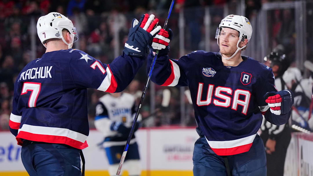 Brady (left) and Matthew Tkachuk, who played together in the NHL’s 4 Nations Face-Off in February, are both expected to play for Team USA in the 2026 Olympics. 