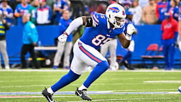 Nov 3, 2024; Orchard Park, New York, USA; Buffalo Bills tight end Quintin Morris (85) on a kickoff against the Miami Dolphins in the fourth quarter at Highmark Stadium. Mandatory Credit: Mark Konezny-Imagn Images