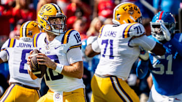 LSU quarterback Garrett Nussmeier (18) passes the ball during a college football game between Ole Miss and LSU at Vaught-Hemingway Stadium in Oxford, Miss., on Saturday, Sept. 27, 2025.