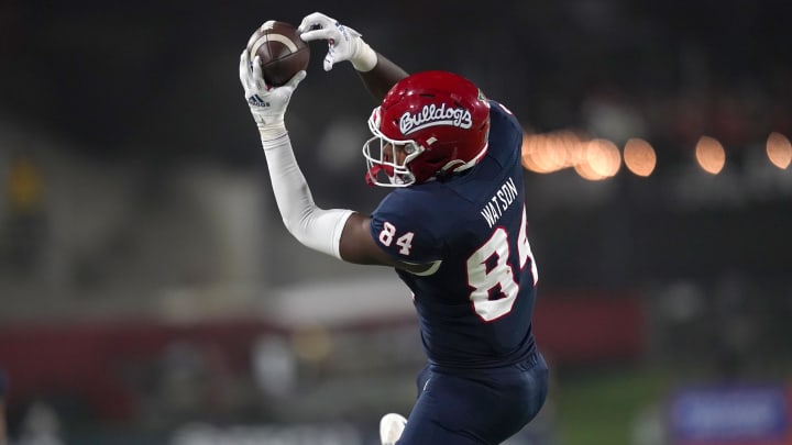 Sep 24, 2021; Fresno, California, USA; Fresno State Bulldogs tight end Tre Watson (84) catches a pass against the UNLV Rebels in the third quarter at Bulldog Stadium.