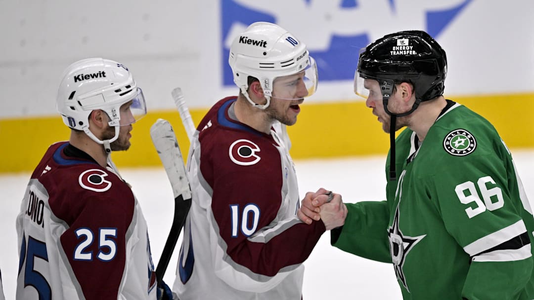 May 3, 2025; Dallas, Texas, USA; Colorado Avalanche center Charlie Coyle (10) shakes hands with Dallas Stars right wing Mikko Rantanen (96) after the Stars defeats the Avalanche in game seven of the first round of the 2025 Stanley Cup Playoffs at American Airlines Center. Mandatory Credit: Jerome Miron-Imagn Images May 3, 2025; Dallas, Texas, USA; Colorado Avalanche center Charlie Coyle (10) shakes hands with Dallas Stars right wing Mikko Rantanen (96) after the Stars defeats the Avalanche in game seven of the first round of the 2025 Stanley Cup Playoffs at American Airlines Center. Mandatory Credit: Jerome Miron-Imagn Images