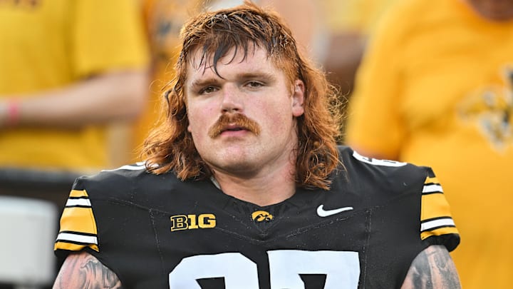 Sep 13, 2025; Iowa City, Iowa, USA; Iowa Hawkeyes offensive lineman Gennings Dunker (67) looks on before the game against the Massachusetts Minutemen at Kinnick Stadium. Mandatory Credit: Jeffrey Becker-Imagn Images
