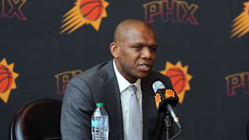 May 17, 2024; Phoenix, AZ, USA; Phoenix Suns General Manager James Jones speaks during a press conference to announce Mike Budenholzer as head coach. Mandatory Credit: Joe Camporeale-Imagn Images