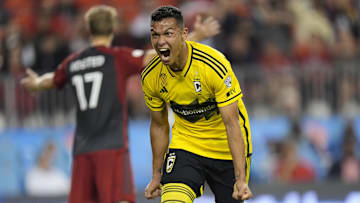 Sep 18, 2024; Toronto, Ontario, CAN; Columbus Crew defender Andres Herrera (2) reacts after scoring against Toronto FC during the second half at BMO Field. Mandatory Credit: John E. Sokolowski-Imagn Images
