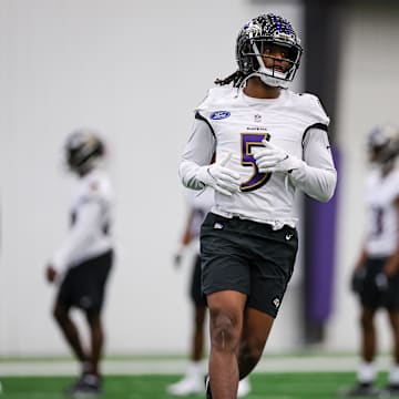 May 7, 2022; Owings Mills, MD, USA; Baltimore Ravens cornerback Jalyn Armour-Davis (5) in action during rookie minicamp at Under Armour Performance Center. Mandatory Credit: Scott Taetsch-Imagn Images