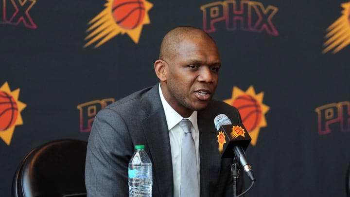 May 17, 2024; Phoenix, AZ, USA; Phoenix Suns General Manager James Jones speaks during a press conference to announce Mike Budenholzer as head coach. Mandatory Credit: Joe Camporeale-USA TODAY Sports