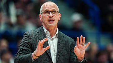 Jan 21, 2025; Storrs, Connecticut, USA; UConn Huskies head coach Dan Hurley watches from the sideline as they take on the Butler Bulldogs at Harry A. Gampel Pavilion