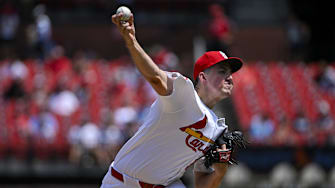 Jul 31, 2024; St. Louis, Missouri, USA;  St. Louis Cardinals starting pitcher Michael McGreevy (36) pitches against the Texas Rangers during the third inning at Busch Stadium. Mandatory Credit: Jeff Curry-Imagn Images