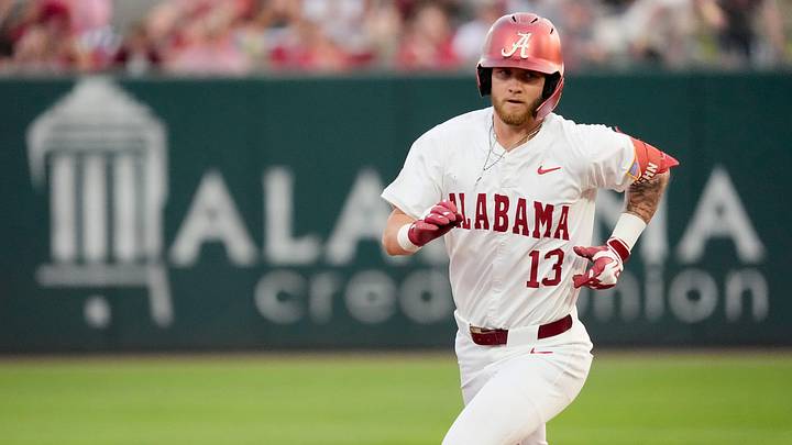 March 27, 2026; Tuscaloosa, AL, USA; Alabama batter Luke Vaughn jogs the bases after hitting a two-run homer at Sewell-Thomas Stadium as the Crimson Tide and Auburn Tigers played the first game of their three-game series.