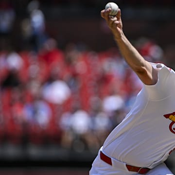 Jul 31, 2024; St. Louis, Missouri, USA;  St. Louis Cardinals starting pitcher Michael McGreevy (36) pitches against the Texas Rangers during the third inning at Busch Stadium. Mandatory Credit: Jeff Curry-Imagn Images