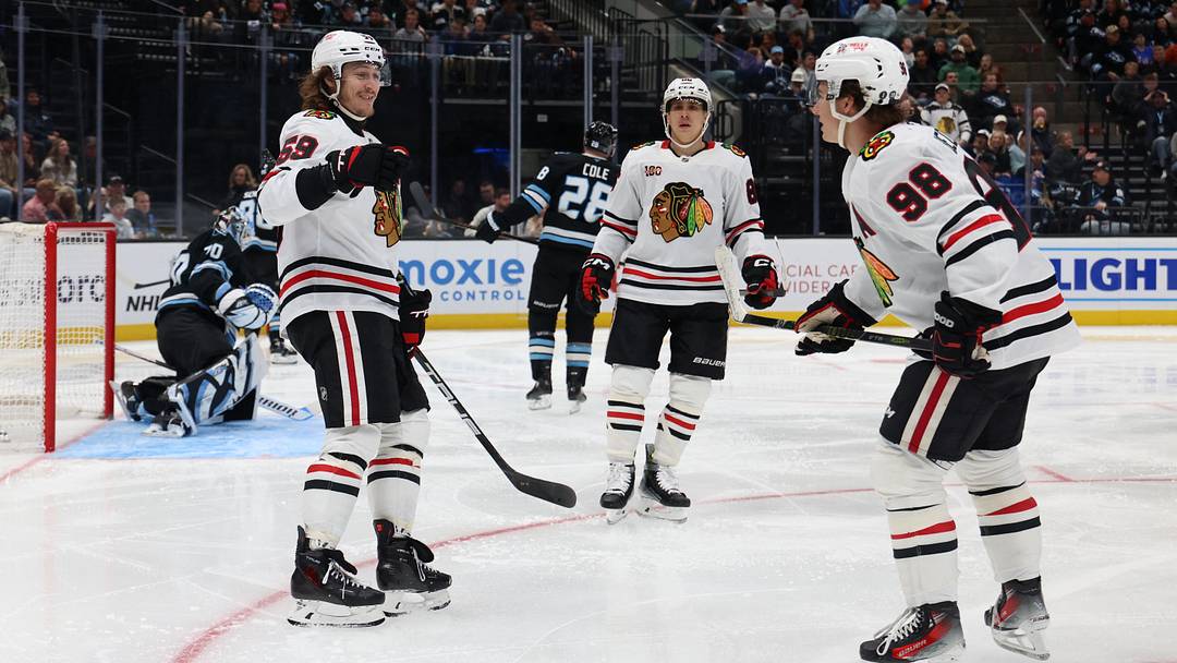 Mar 12, 2026; Salt Lake City, Utah, USA; The Chicago Blackhawks celebrate a goal by Chicago Blackhawks left wing Tyler Bertuzzi (59) against the Utah Mammoth during the third period at Delta Center. Mandatory Credit: Rob Gray-Imagn Images