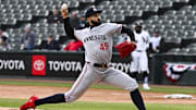 Minnesota Twins pitcher Pablo Lopez throws against the Chicago White Sox during the first inning at Guaranteed Rate Field in Chicago on April 2, 2025.