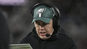 Dec 1, 2024; Baltimore, Maryland, USA; Philadelphia Eagles offensive coordinator Kellen Moore on the sidelines during the first half against the Baltimore Ravens  at M&T Bank Stadium. Mandatory Credit: Tommy Gilligan-Imagn Images