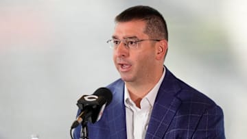 President of Baseball Operations Nick Krall takes questions during an event to introduce the new manager of the Cincinnati Reds at Great American Ball Park in downtown Cincinnati on Monday, Oct. 7, 2024.