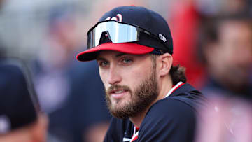 May 12, 2025; Atlanta, Georgia, USA; Washington Nationals right fielder Dylan Crews (3) in the dugout before a game against the Atlanta Braves at Truist Park. 