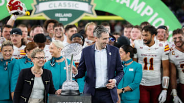 Aug 23, 2025; Dublin, IRELAND; Iowa State is presented with a Waterford trophy after defeating Kansas State during the Aer Lingus Classic between Iowa State and Kansas State at Aviva Stadium. Mandatory Credit: Laszlo Geczo/INPHO via Imagn Images