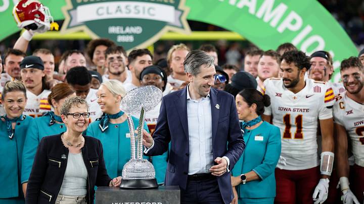Aug 23, 2025; Dublin, IRELAND; Iowa State is presented with a Waterford trophy after defeating Kansas State during the Aer Lingus Classic between Iowa State and Kansas State at Aviva Stadium. Mandatory Credit: Laszlo Geczo/INPHO via Imagn Images