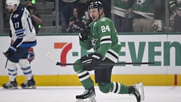May 11, 2025; Dallas, Texas, USA; Dallas Stars center Roope Hintz (24) celebrates scoring a goal against the Winnipeg Jets during the first period in game three of the second round of the 2025 Stanley Cup Playoffs at American Airlines Center. Mandatory Credit: Jerome Miron-Imagn Images