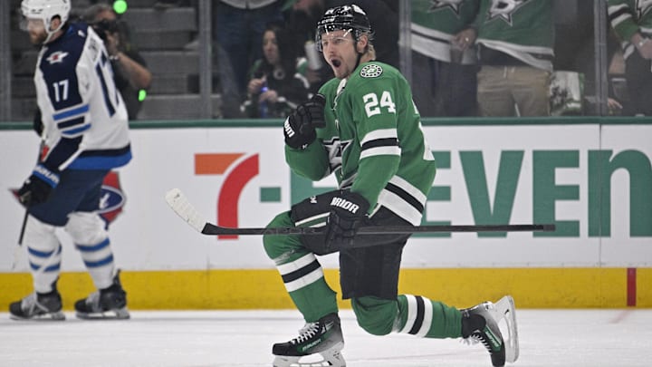 May 11, 2025; Dallas, Texas, USA; Dallas Stars center Roope Hintz (24) celebrates scoring a goal against the Winnipeg Jets during the first period in game three of the second round of the 2025 Stanley Cup Playoffs at American Airlines Center. Mandatory Credit: Jerome Miron-Imagn Images