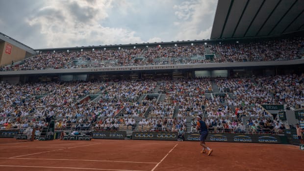 Jun 11, 2023; Paris, France; Fans at Philippe Chatrier Court during the Novak Djokovic-Casper Ruud during French Open final.