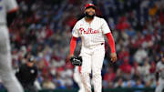 Apr 15, 2025; Philadelphia, Pennsylvania, USA; Philadelphia Phillies relief pitcher Jose Alvarado (46) reacts after recording a strikeout against the San Francisco Giants in the eighth inning at Citizens Bank Park. All players wore #42 for Jackie Robinson Day. 