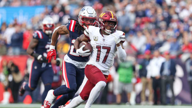 Nov 5, 2023; Foxborough, Massachusetts, USA; Washington Commanders receiver Terry McLaurin (17) runs