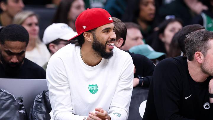 Oct 15, 2025; Boston, Massachusetts, USA; Boston Celtics forward Jayson Tatum (0) reacts during the first half against the Toronto Raptors at TD Garden. Mandatory Credit: Paul Rutherford-Imagn Images