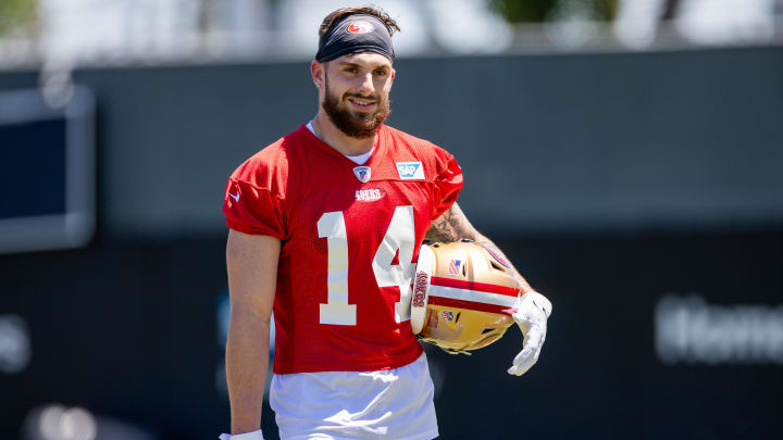 May 10, 2024; Santa Clara, CA, USA; San Francisco 49ers wide receiver Ricky Pearsall (14) smiles during the 49ers rookie minicamp at Levi’s Stadium in Santa Clara, CA. Mandatory Credit: Robert Kupbens-USA TODAY Sports