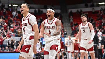 Feb 8, 2025; Pullman, Washington, USA; Washington State Cougars guard Isaiah Watts (12) and forward LeJuan Watts (4) celebrate during a game against the Pepperdine Waves in the second half at Friel Court at Beasley Coliseum. Washington State Cougars won 87-86. Mandatory Credit: James Snook-Imagn Images