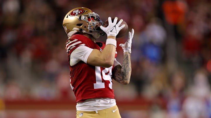 Dec 30, 2024; Santa Clara, California, USA; San Francisco 49ers wide receiver Ricky Pearsall (14) catches a pass during the second quarter against the Detroit Lions at Levi's Stadium. Mandatory Credit: Sergio Estrada-Imagn Images