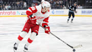 Mar 24, 2025; Salt Lake City, Utah, USA; Detroit Red Wings right wing Patrick Kane (88) skates with the puck against the Utah Hockey Club during the second period at Delta Center. Mandatory Credit: Rob Gray-Imagn Images