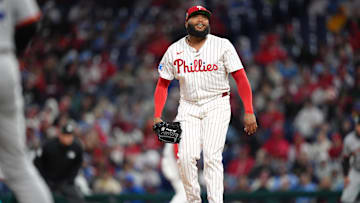 Apr 15, 2025; Philadelphia, Pennsylvania, USA; Philadelphia Phillies relief pitcher Jose Alvarado (46) reacts after recording a strikeout against the San Francisco Giants in the eighth inning at Citizens Bank Park. All players wore #42 for Jackie Robinson Day. Mandatory Credit: Kyle Ross-Imagn Images
